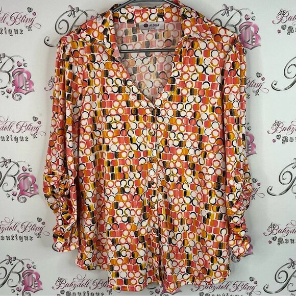 Aldila button up blouse dotted circles  Multicolor Geometric Women's Blouse - Picture 1 of 8